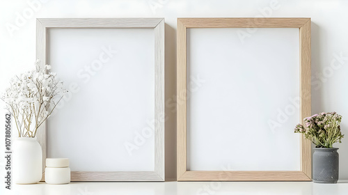 Two Empty Picture Frames with White and Beige Frames, Decorated with Dried Flowers in Vases, on White Background