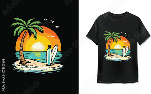 A vintage-style illustration of a surfer standing on a beach at sunset, with a palm tree, waves, and a setting sun in the background. The text 