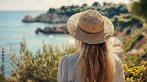 Woman in a Straw Hat Admiring the Coastal View