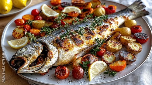 Baked sea Bass fish with arugula, grilled seabass. Black background. Top view.