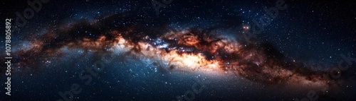 Night sky panorama showcasing the Milky Way galaxy, textured with sparkling stars and nebulae, mysterious and serene cosmic scene