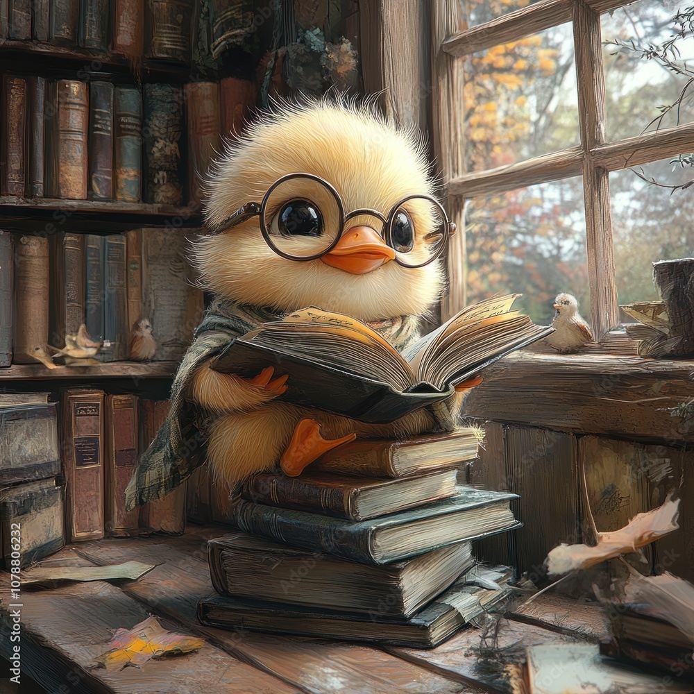 A cute duckling wearing glasses sits on a stack of books, reading an open book in a cozy room with a window and bookshelf. A cute duckling wearing glasses sits on a stack of books, reading an open book in a cozy room with a window and bookshelf.