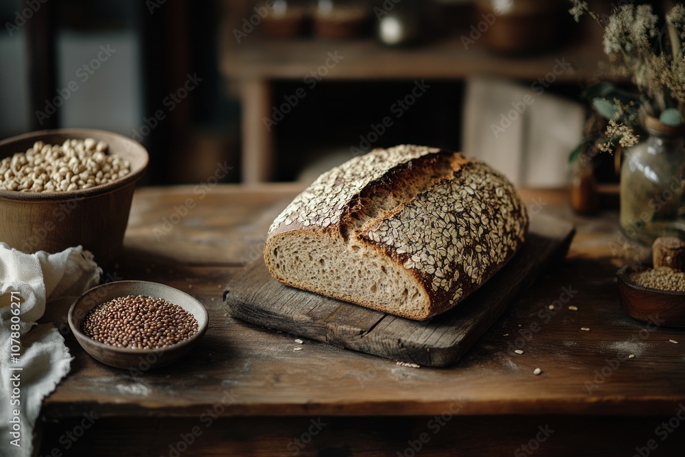 A rustic loaf of rye bread on a wooden table. A rustic loaf of rye bread on a wooden table.