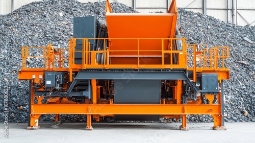 An industrial metal shredder stands in front of a large pile of shredded metal, showcasing its vibrant orange color against a backdrop of gray debris. photo