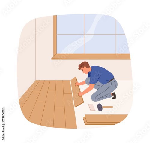Wood floor installation with wooden planks. Worker laying floorboards, installing wooden boards during home renovation, apartment repair. Flat vector illustration isolated on white background