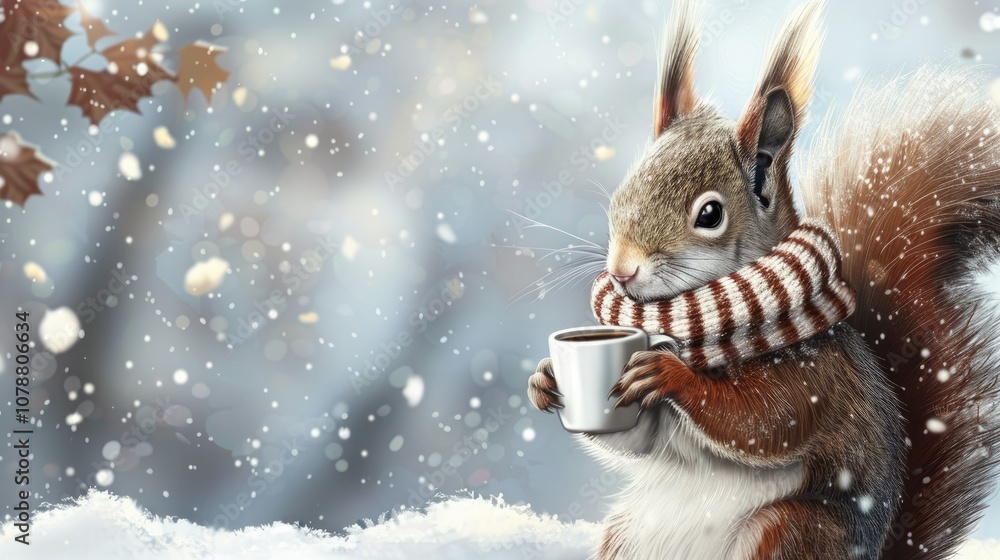 Cute squirrel in a scarf holding a coffee cup Cute squirrel in a scarf holding a coffee cup