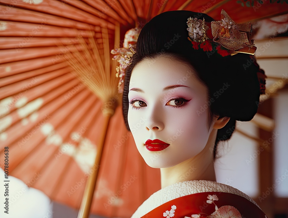 A beautiful Japanese woman in traditional geisha makeup and a red kimono holds an umbrella A beautiful Japanese woman in traditional geisha makeup and a red kimono holds an umbrella
