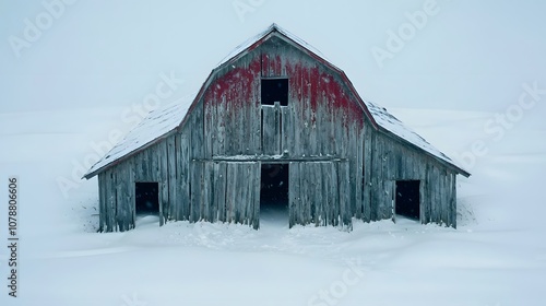 Weathered Barn: An old barn, its wooden planks worn and gray, stands resolute against a snowy backdrop. The faded red paint contrasts with the pristine white landscape, symbolizing resilience 