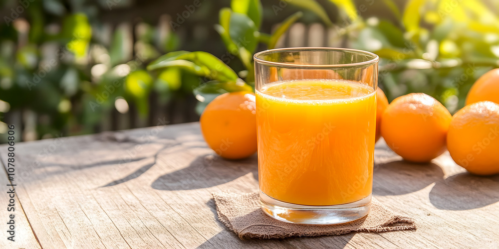 Freshly Squeezed Orange Juice in a Glass with Vibrant Color and Sunlit Background Surrounded by Juicy Oranges on a Rustic Wooden Table Freshly Squeezed Orange Juice in a Glass with Vibrant Color and Sunlit Background Surrounded by Juicy Oranges on a Rustic Wooden Table