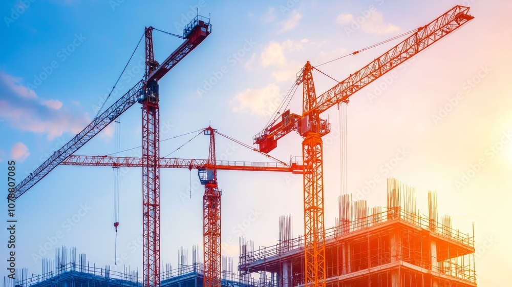 The image showcases towering cranes at a construction site during sunset, highlighting the progress and development in urban architecture. The image showcases towering cranes at a construction site during sunset, highlighting the progress and development in urban architecture.