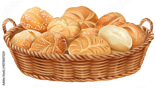 Set of breads in a basket isolated on a transparent background