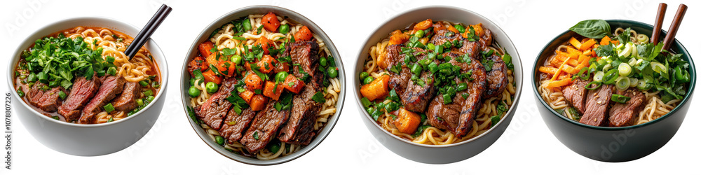 Delicious bowls of noodles topped with vibrant vegetables and tender beef slices. Delicious bowls of noodles topped with vibrant vegetables and tender beef slices.