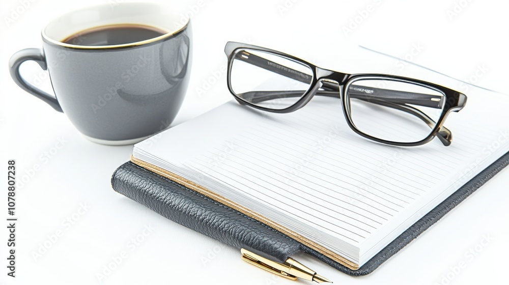 Create an elegant workspace setup featuring a minimalist design with coffee notepad and glasses on a clean white background Create an elegant workspace setup featuring a minimalist design with coffee notepad and glasses on a clean white background