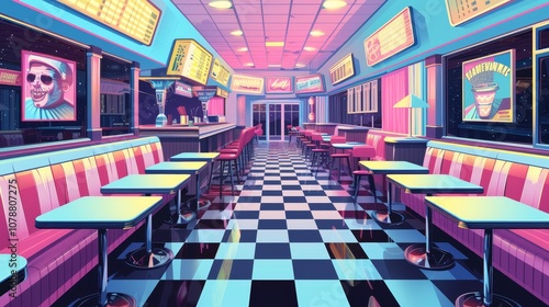 retro diner scene nostalgic and retro inspired illustration depicting classic diner scene with checkered floors vinyl booths and neon signs reminiscent Americana and vint generated illustration photo