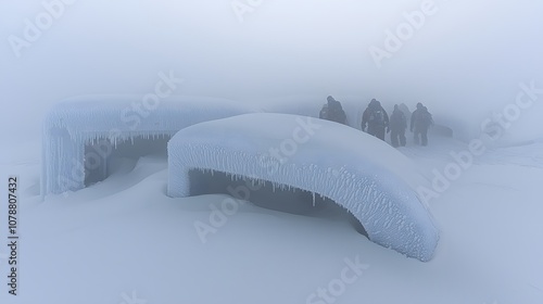 Frozen Expedition: A team of explorers battles biting winds and blinding snow as they trudge across an Arctic landscape. Their frost-covered gear tells of their struggle against nature. 