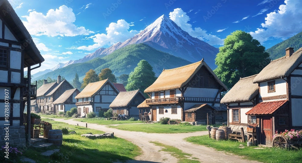 Anime mountain village clear skies tranquil scenery rural charm Anime mountain village clear skies tranquil scenery rural charm