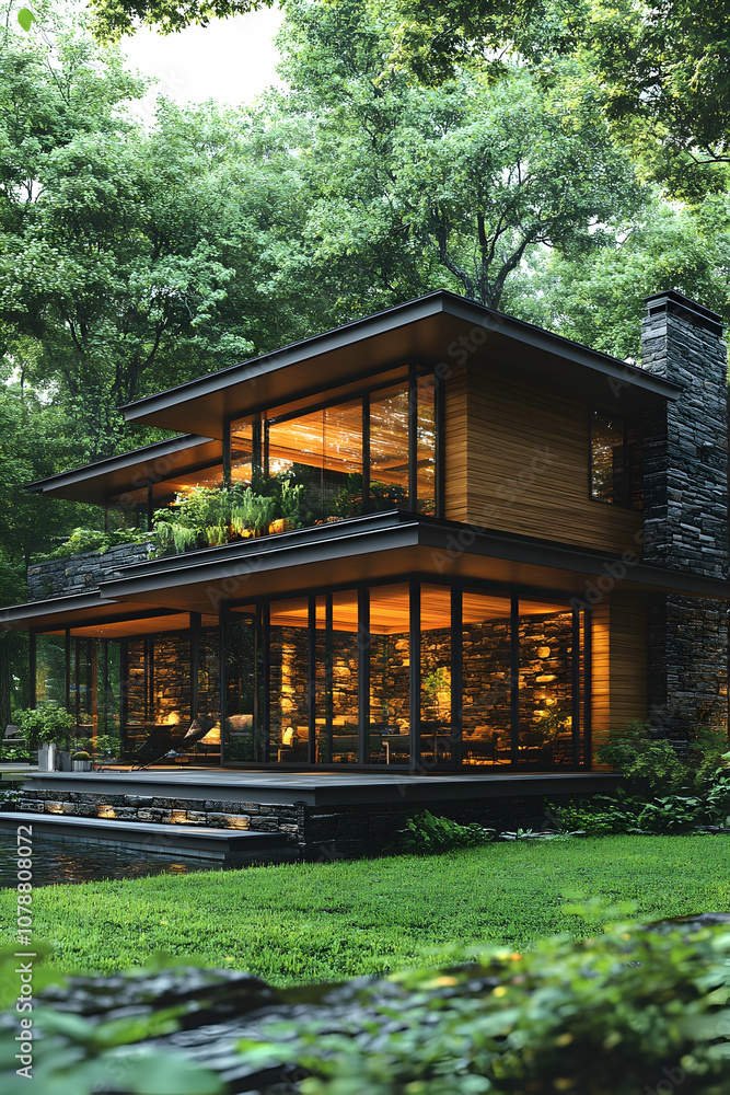 Modern wooden house with large windows in the woods, glowing with warm light in the evening. Modern wooden house with large windows in the woods, glowing with warm light in the evening.
