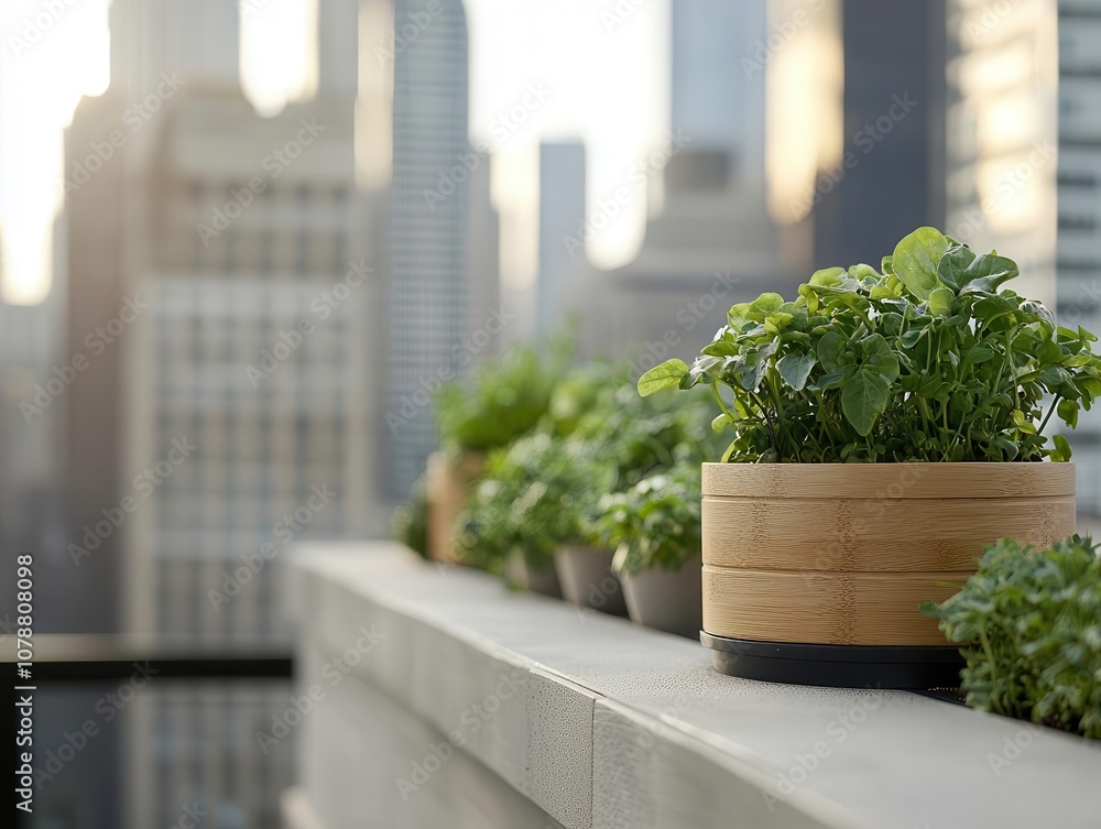 Urban Rooftop Garden with Lush Greenery and City Views Urban Rooftop Garden with Lush Greenery and City Views