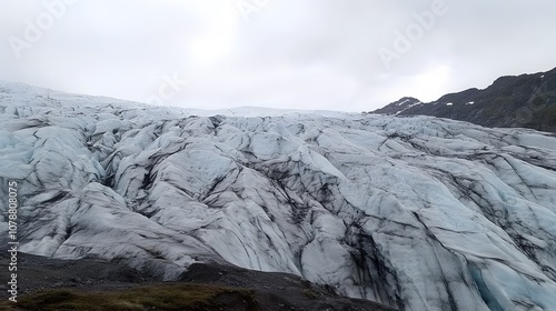 Glacial Silence: A vast ice field stretches to the horizon, its surface cracked and crevassed. The stillness is interrupted only by the occasional creak of shifting ice.  photo