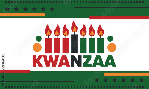 Kwanzaa Happy Celebration. African and African-American culture holiday. Seven days festival, celebrate annual from December 26 to January 1. Black history. Poster, card, banner and background. Vector