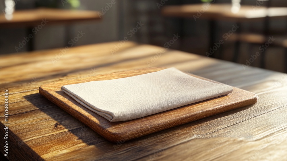 Elegant simplicity: crisp white napkin on wooden board atop rustic table, bathed in warm light. Restaurant ambiance with focus on clean, minimalist table setting. Elegant simplicity: crisp white napkin on wooden board atop rustic table, bathed in warm light. Restaurant ambiance with focus on clean, minimalist table setting.