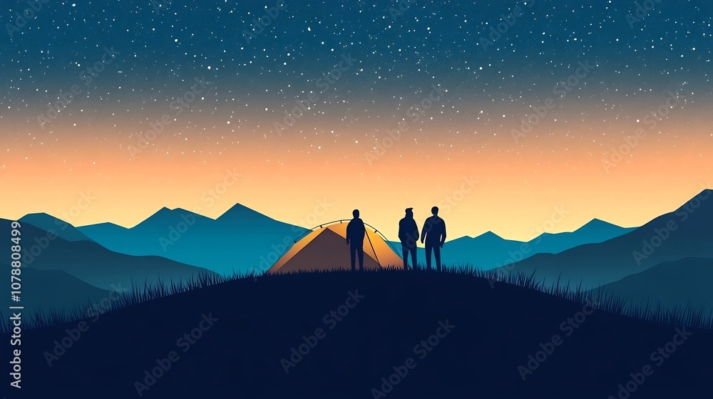 Naklejka premium Hikers Silhouetted Against Starry Mountain Landscape at Dusk,Outdoor Adventure Concept