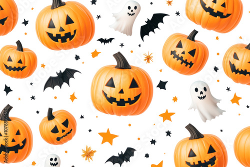 Vibrant seamless design displaying a collection of jack-o-lanterns with assorted scary faces, arranged in a playful yet spooky manner.