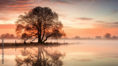 Fog Settling Over a Lake with Tree Reflections, Tree Reflections on a Mist-Covered Lake at Dawn