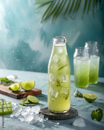 Product photography, commercial poster of Tropical Iced Green Tea