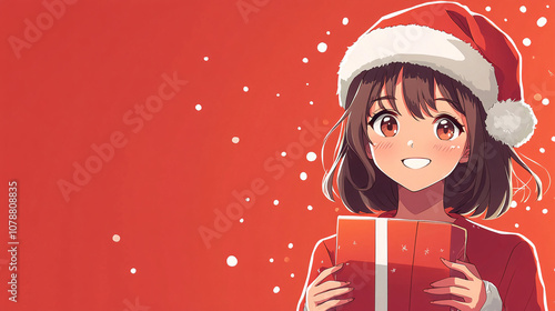 Girl in anime style santa claus hat smiling with gifts, copy space, merry christmas concept