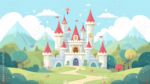 Obraz na płótnie whimsical fantasy castle whimsical and enchanting portrayal fantasy castle with turrets towers and magical elements reminiscent fairy tale castles and enchanted kingdoms generated illustration w salonie