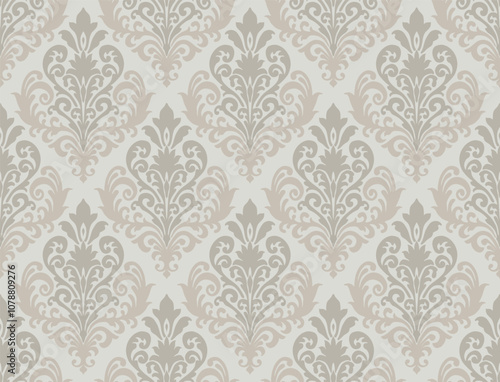 Beige and gray damask pattern with ornate floral elements on a soft white background. Damask seamless pattern.