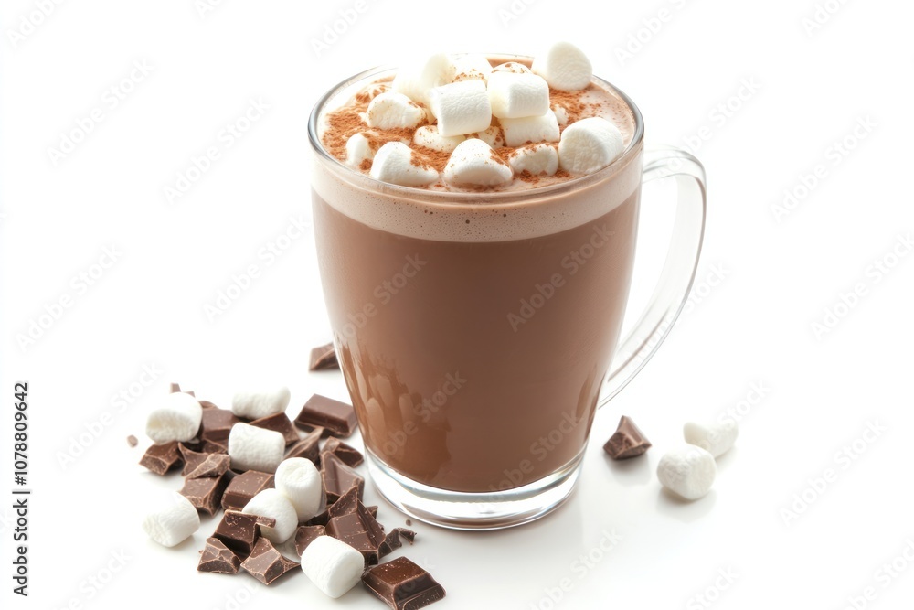 A full glass of hot chocolate with mini marshmallows floating on top, creating a cozy and inviting appearance. A full glass of hot chocolate with mini marshmallows floating on top, creating a cozy and inviting appearance.