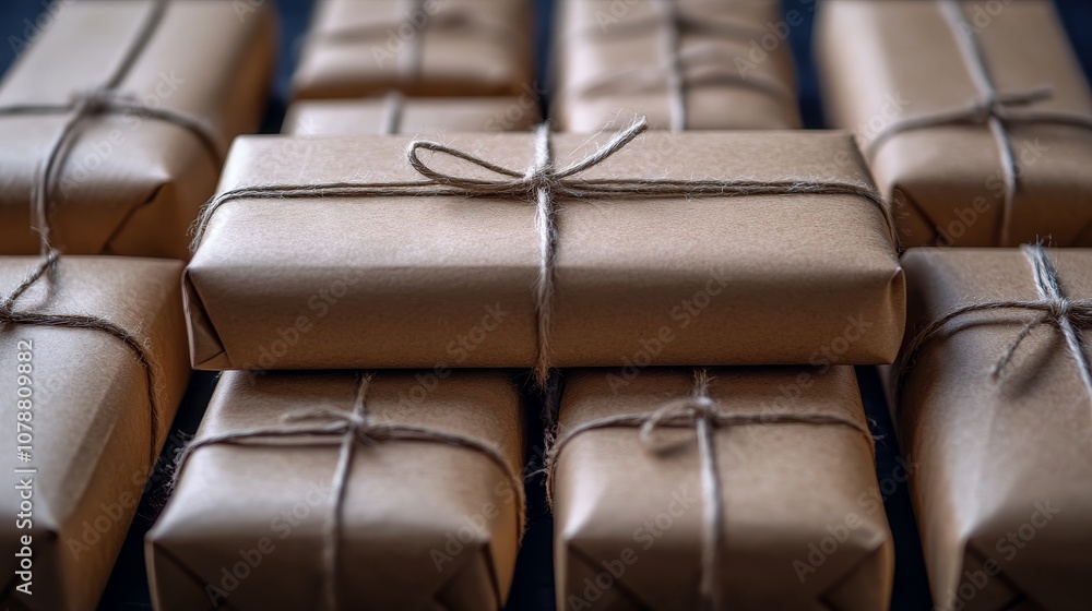 Fototapeta premium Neatly wrapped brown packages tied with twine on a dark surface