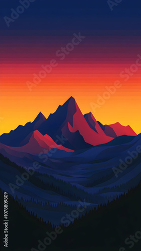 A minimalist illustration of a mountain range silhouetted against a vibrant sunset sky.