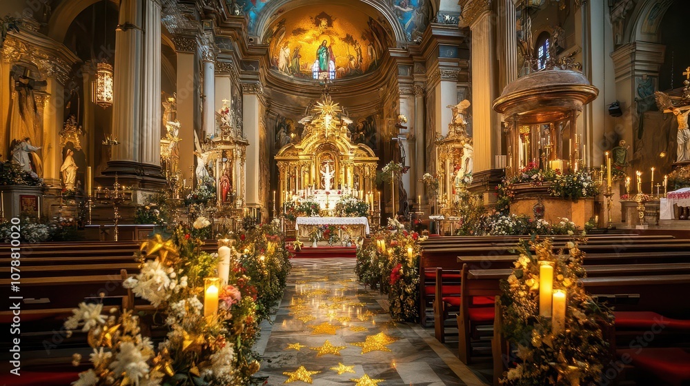 Obraz premium The interior of a church beautifully decorated with golden stars and candles for an Epiphany Mass, celebrating the revelation of Christ