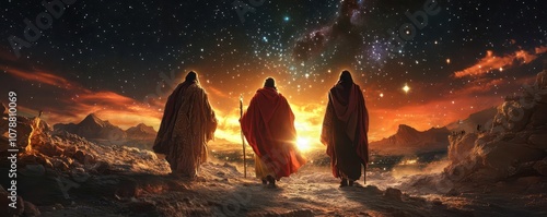 The Three Kings approaching Bethlehem under a dark sky filled with stars, symbolizing their long journey and the revelation of Christ on Epiphany