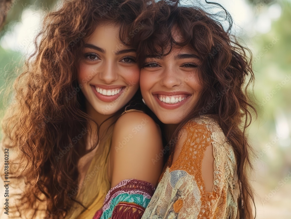 Fototapeta premium Woman embracing her partner from behind, both smiling as they share a tender moment