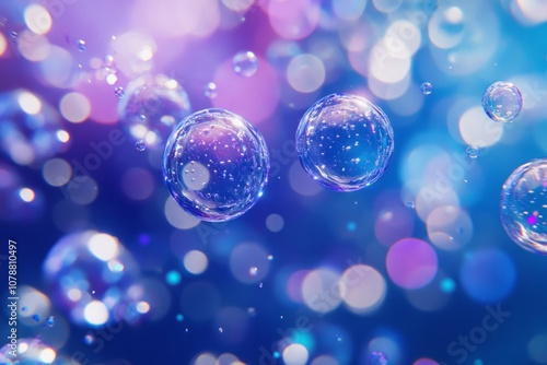 On a clean background, transparent floating bubbles, dreamy, blue ,purple. 