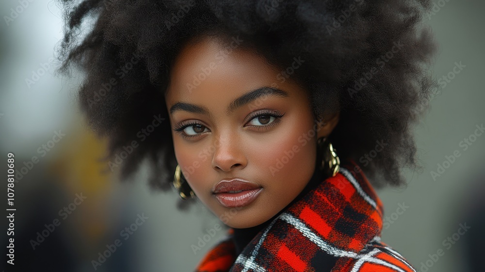 Striking portrait of a woman with voluminous natural hair and bold style