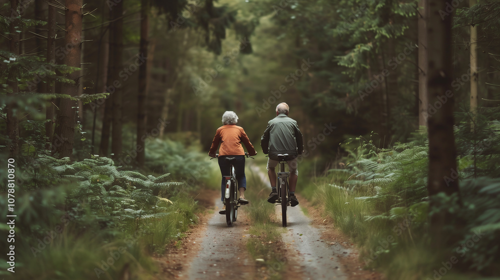 Fototapeta premium Elderly man and woman riding bicycles through autumn forest or park, rear view. Sports in retirement, healthy lifestyle, active old age.