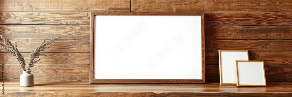 Frame with blank white canvas on rustic wooden floor, perfect for showcasing artwork or photography projects, art display, presentation, decoration Frame with blank white canvas on rustic wooden floor, perfect for showcasing artwork or photography projects, art display, presentation, decoration