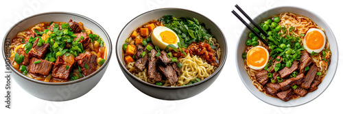 Three delicious bowls of gourmet ramen, topped with fresh ingredients and eggs.