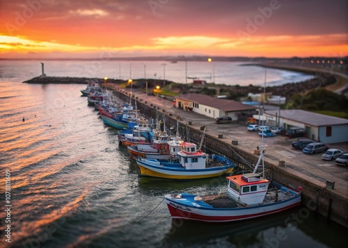 Serene Fishing Boats Docked at the Pier in Tilt-Shift Photography, Capturing the Charm and Tranquility of Coastal Life During a Beautiful Sunset