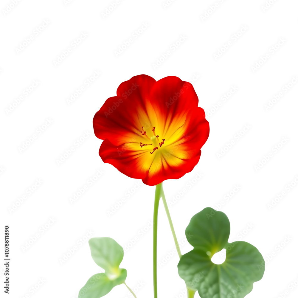 Single Red and Yellow Flower with Green Leaves on a Single Red and Yellow Flower with Green Leaves on a