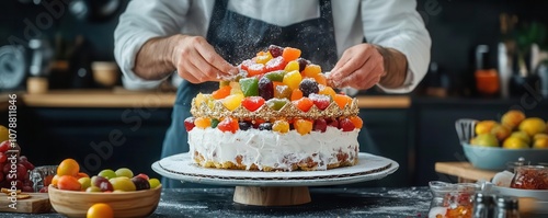 A kings crownshaped cake being prepared for an Epiphany feast, decorated with colorful candied fruits, symbolizing the crown of the Magi photo