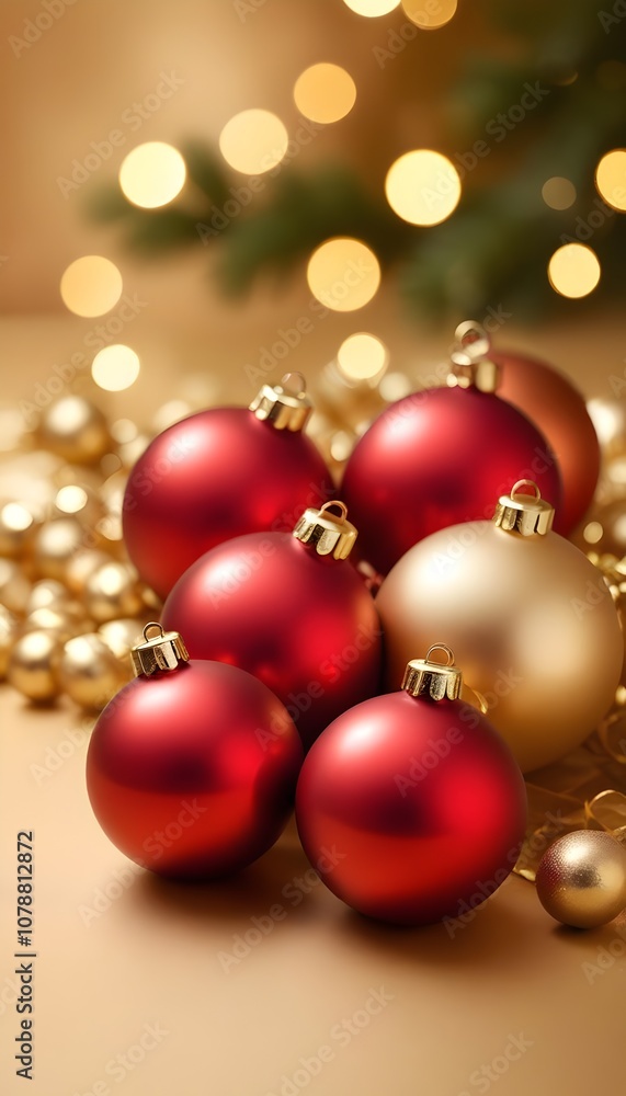 Elegant Red Baubles with Metallic Sheen on Gold Bokeh Background Elegant Red Baubles with Metallic Sheen on Gold Bokeh Background