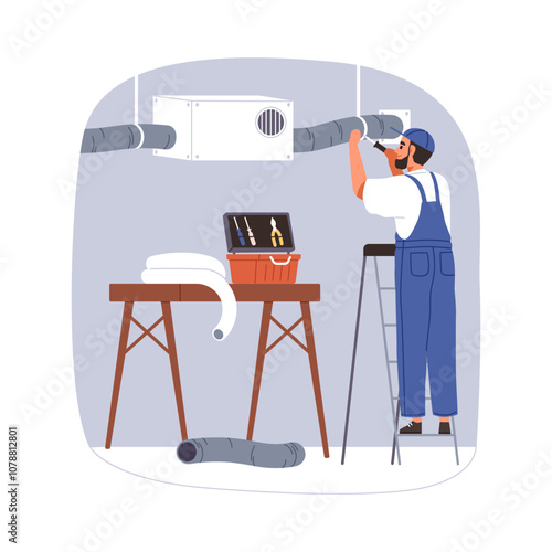 Ventilation installation, HVAC repair. Man worker installing air conditioning system with duct, pipe. Technician fixing home climate equipment. Flat vector illustration isolated on white background