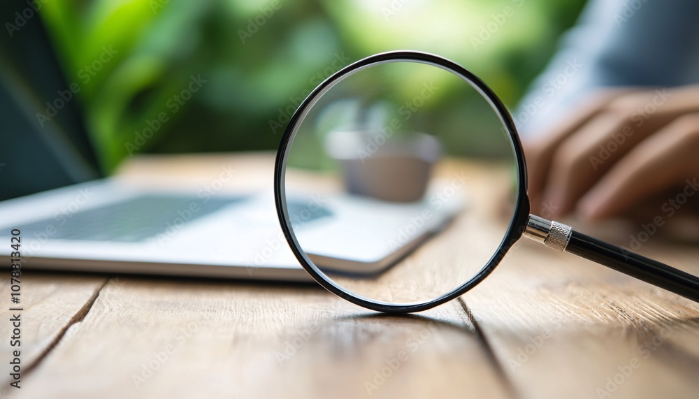 Fototapeta premium A magnifying glass focuses on a digital tablet, highlighting a scene of exploration and analysis in a workspace surrounded by greenery.