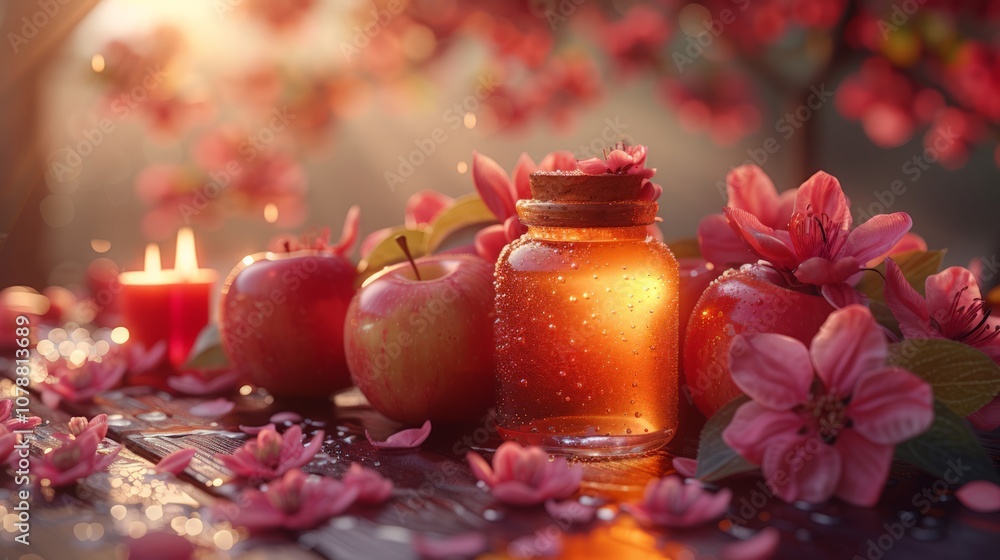 Honey jar with apples and candles, celebrating the sweetness of Rosh Hashanah, with a warm, colorful background Honey jar with apples and candles, celebrating the sweetness of Rosh Hashanah, with a warm, colorful background